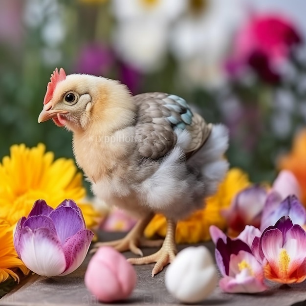 A chicken stands on a table surrounded by flowers and flowers.