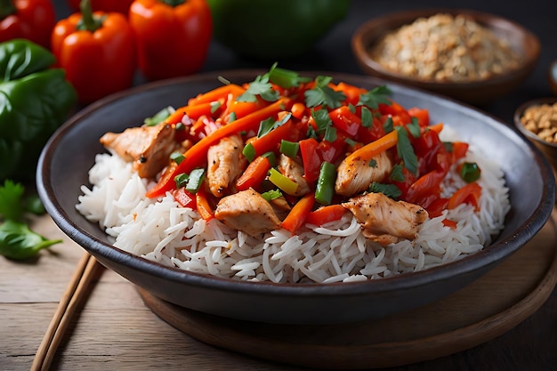 Chicken stir fried chili along with bell pepper tomatoes and carrots