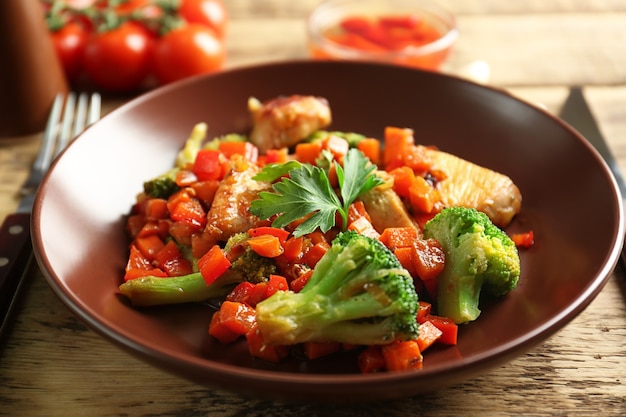 Chicken stir fry on plate, closeup