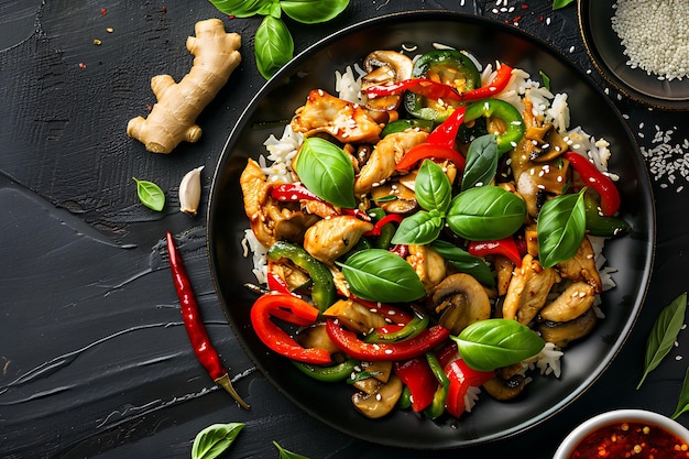 Chicken StirFry with Rice Peppers and Basil