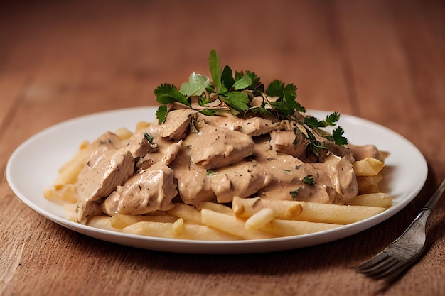 Chicken stroganoff with rice and french fries on the table selective focus