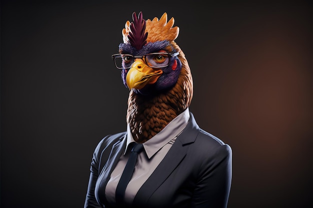 A chicken in a suit with glasses and a shirt that says'the bird '