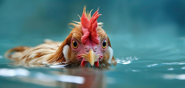 A chicken swims in a pool of water.