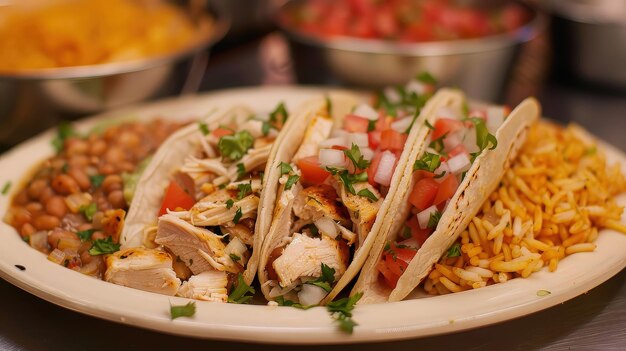 Chicken Tacos with Rice and Beans on Plate