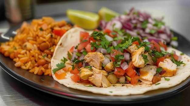 Chicken Tacos with Rice and Beans on Plate