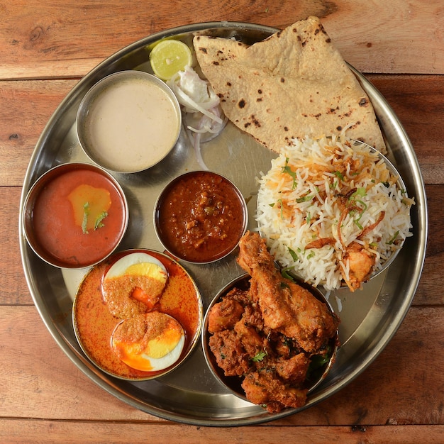 Chicken Thali from an indian cuisine food platter consists Chicken fryBoiled egg curry lentils chicken biryaniroti and onions selective