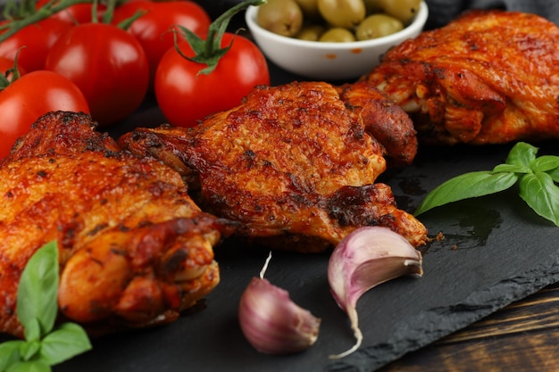 Chicken thighs baked with vegetables and spices Fried chicken dish on the table