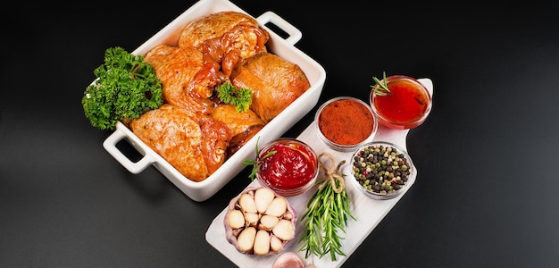 Chicken thighs marinated in red sauce in a baking dish on a black background with herbs and garlic