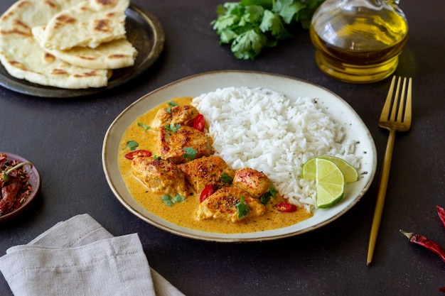 Chicken tikka masala curry with rice, herbs and peppers. Indian food. National cuisine.