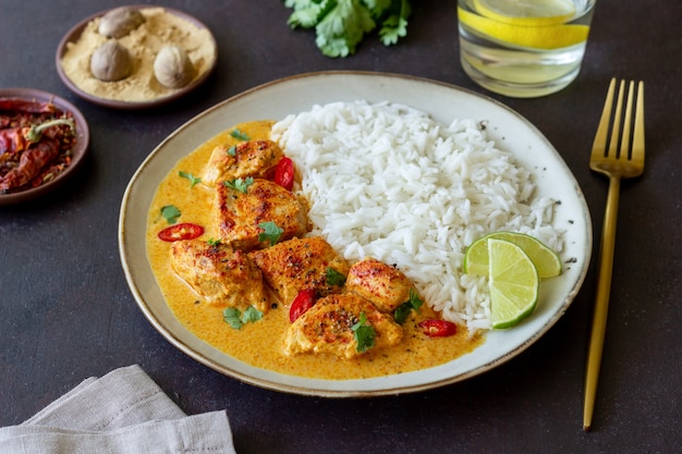 Chicken tikka masala curry with rice, herbs and peppers. Indian food. National cuisine.