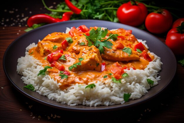 Chicken tikka masala garnished with sliced red peppers