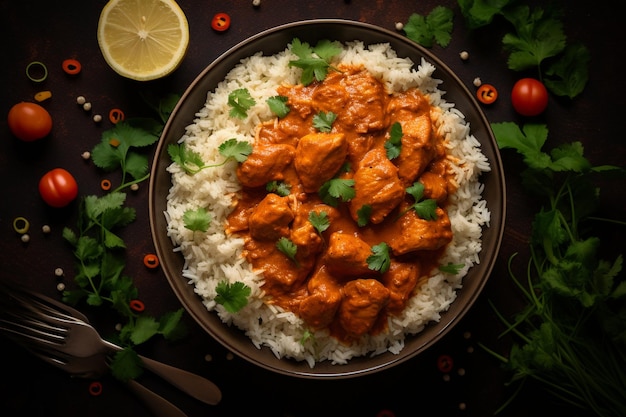 Chicken tikka masala spicy curry meat food in a clay plate with rice and naan bread