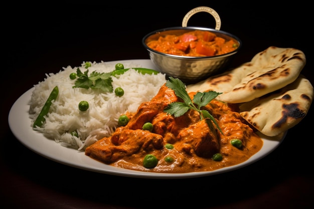 Chicken tikka masala spicy curry meat food in a clay plate with rice and naan bread