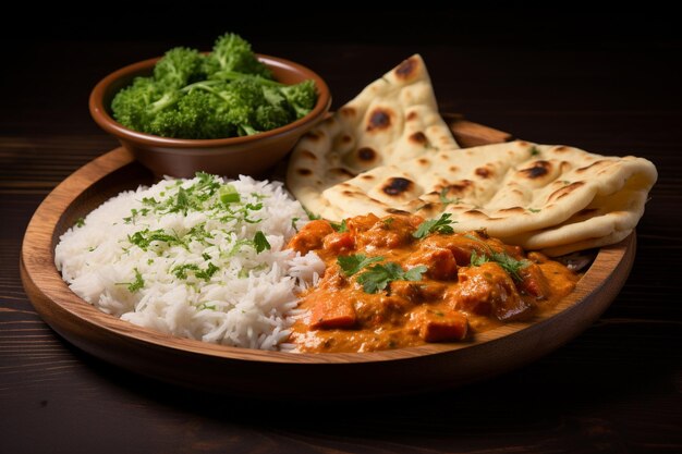 Chicken tikka masala spicy curry meat food in a clay plate with rice and naan bread