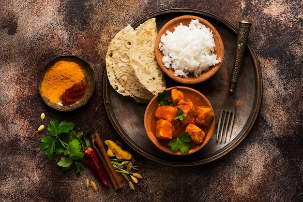 Chicken tikka masala spicy Indian meat dish in metal plate rice and naan bread