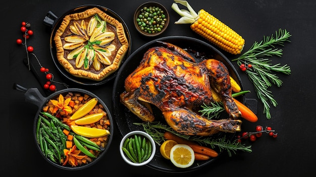 a chicken and vegetables are displayed on a black table