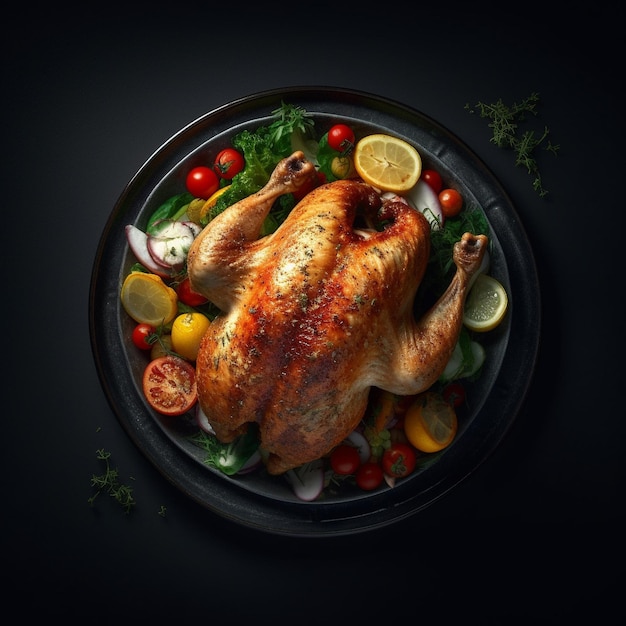 A chicken and vegetables are on a plate with a black background.