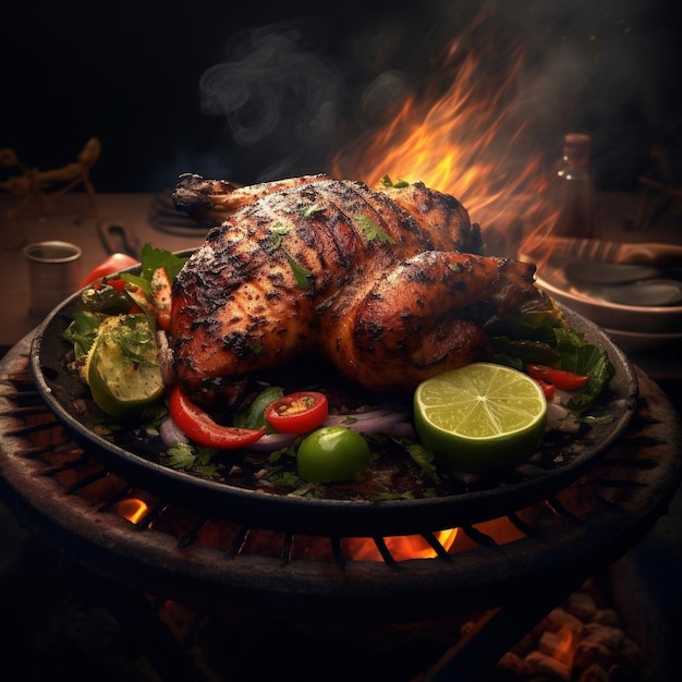 A chicken and vegetables cooking on a grill with a fire behind it.