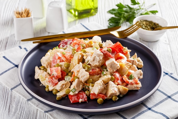 Chicken vegetables mushrooms salad on a plate