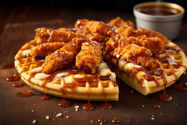 Chicken and waffle pizza with fried chicken waffle pieces and maple syrup drizzle