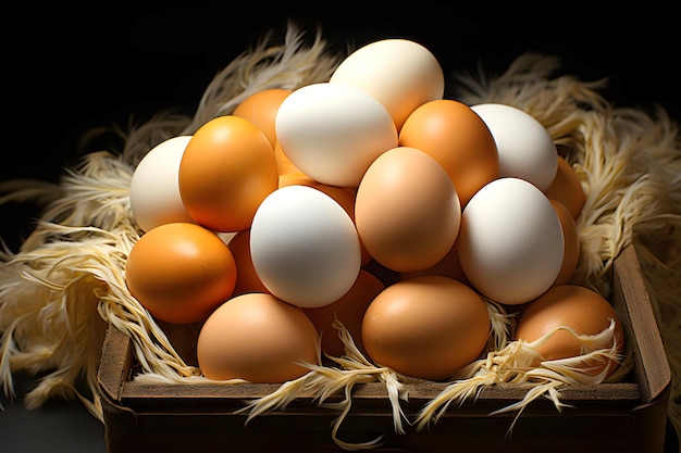 chicken white and yellow eggs folded in a tray breakfast food