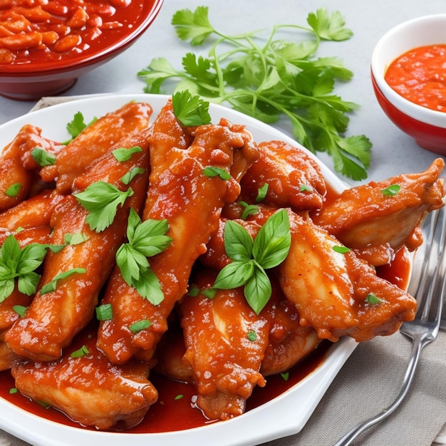 Chicken wings in the Asian style and tomatoes sauce