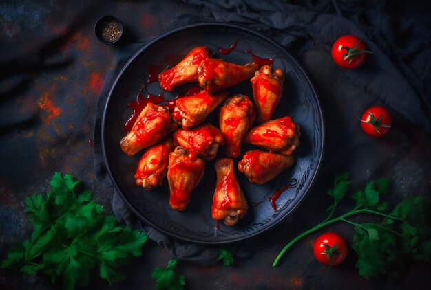 Chicken wings on a black plate with ketchup