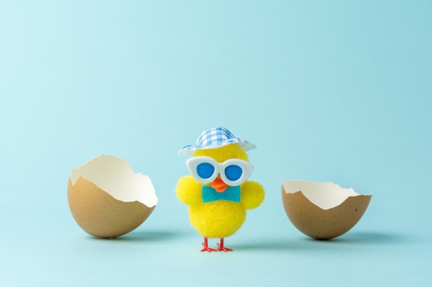 Chicken with cracked Easter eggs on pastel blue background