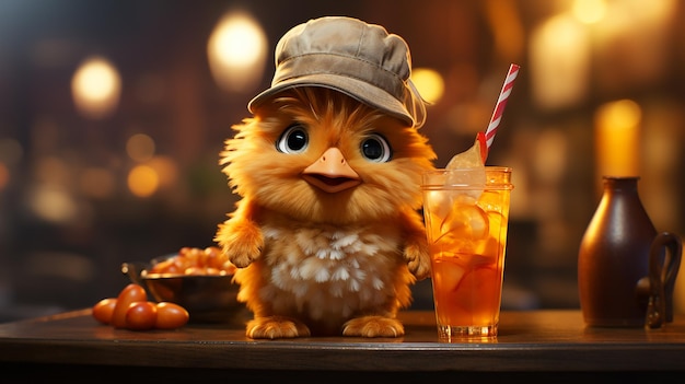 a chicken with a hat and a drink next to it