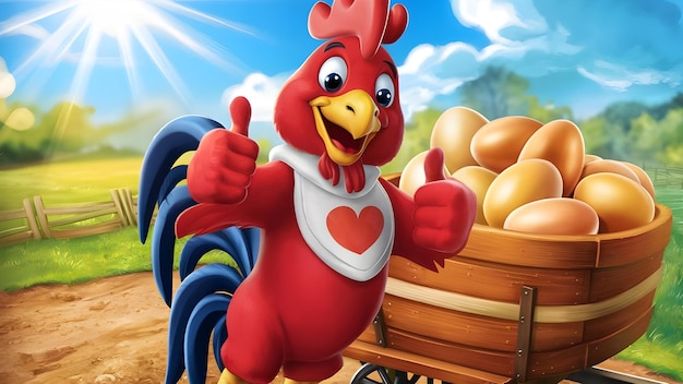 Photo a chicken with a heart on his chest is giving a thumbs up