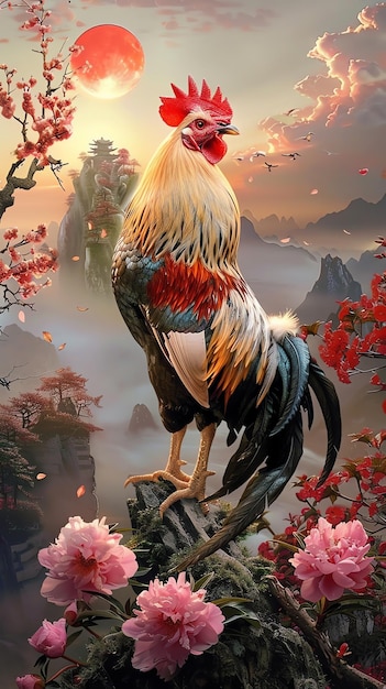 a chicken with a heart on its chest is standing on a tree branch