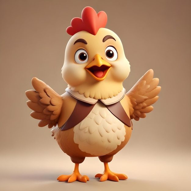 a chicken with a heart on its head stands in front of a brown background