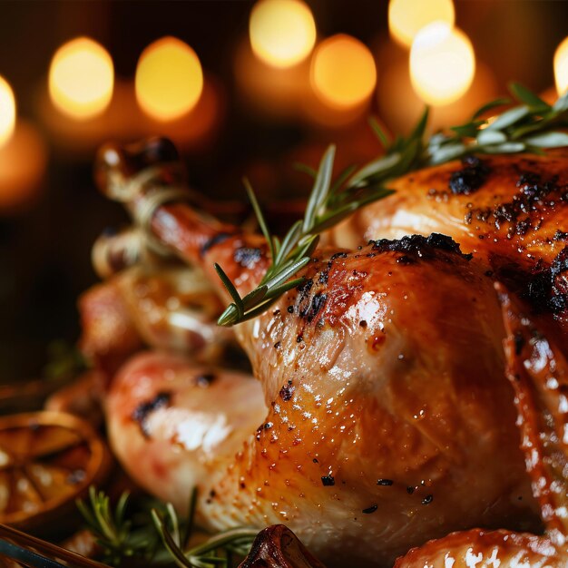 Photo a chicken with a pine branch on it sits on a plate with a fire in the background