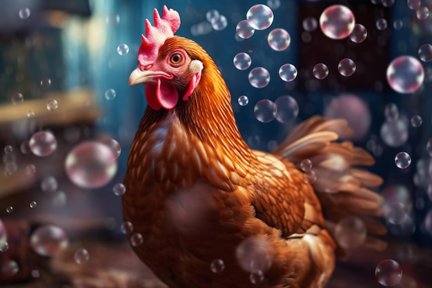 a chicken with a pink comb and a lot of bubbles