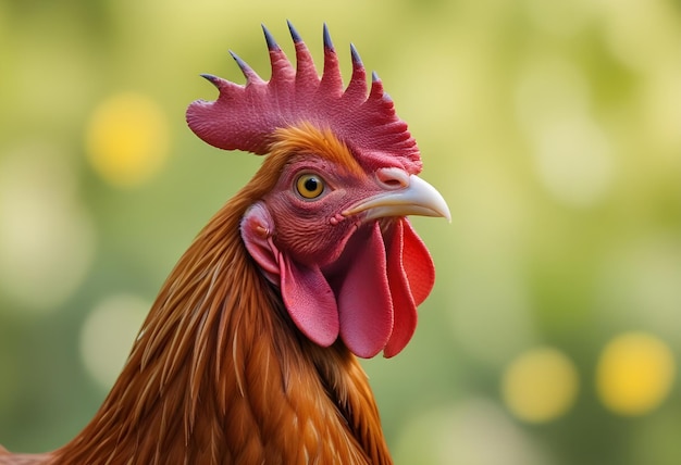 a chicken with a red beak is standing in the grass