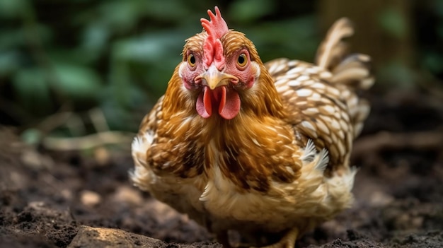 A chicken with a red beak and a red beak stands in a chicken coop.