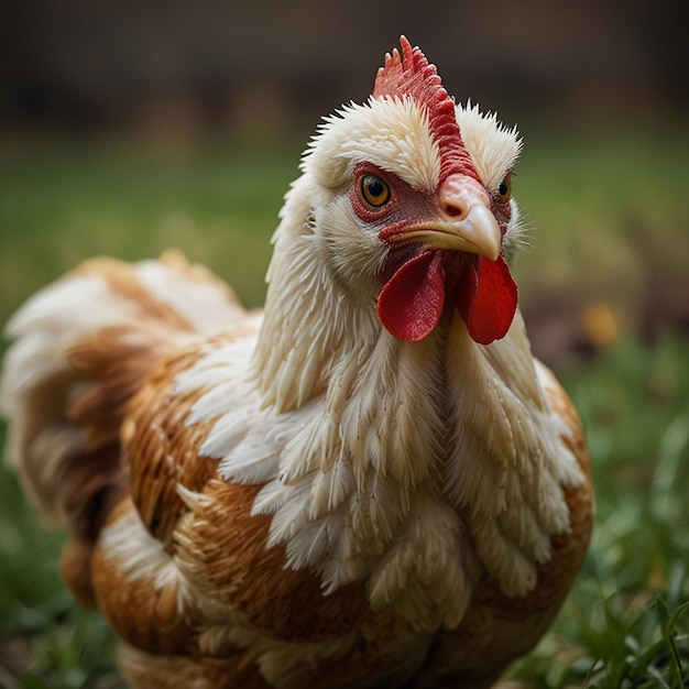 a chicken with a red beak stands in the grass