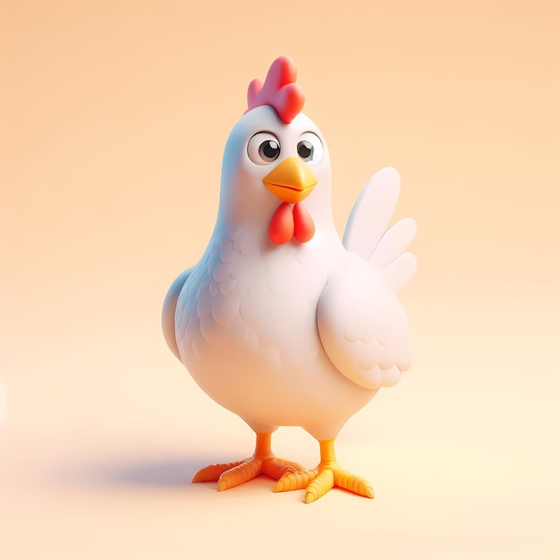 a chicken with a red beak stands on a white surface