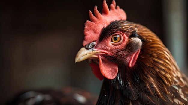 A chicken with a red comb and a black spot on its head