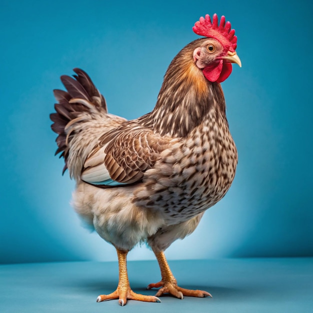 a chicken with a red comb stands on a blue background