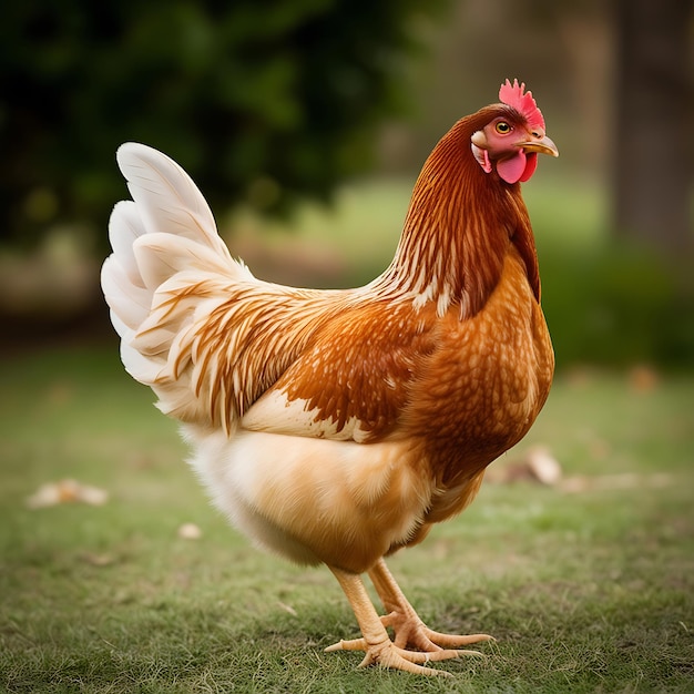 A chicken with a red head is standing in the grass background