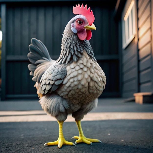 a chicken with a red head and a red head on it