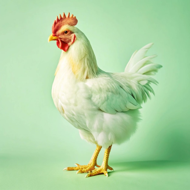 Photo a chicken with a red head and a yellow beak stands on a green background