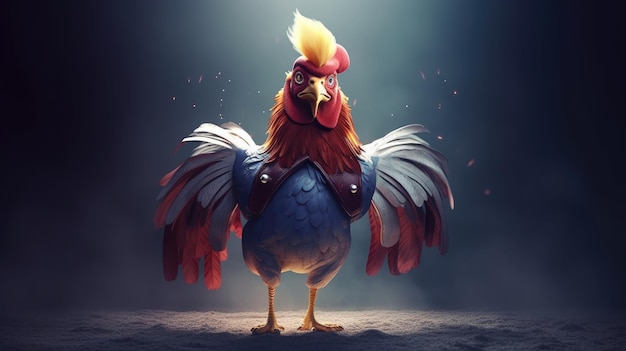 A chicken with a red tail stands on a dark background