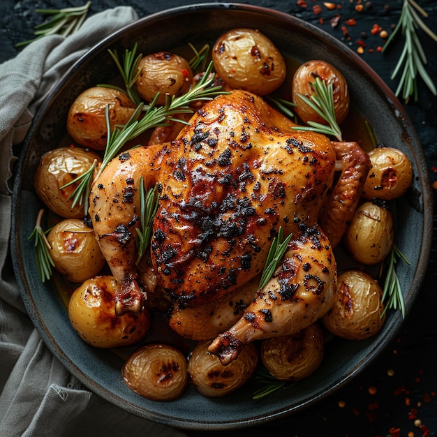 a chicken with rosemary on the top of it sits in a pan with a plant branch on it