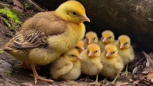 A chicken with three babies on the ground