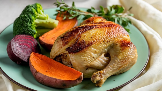 Photo a chicken with a turkey on the side sits on a plate with broccoli and a pile of other vegetables