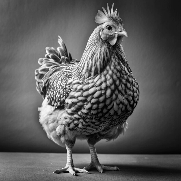 a chicken with a white tail and a black background