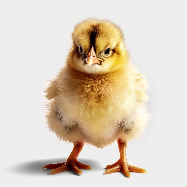 A chicken with a yellow beak and a black nose is standing on a white background.