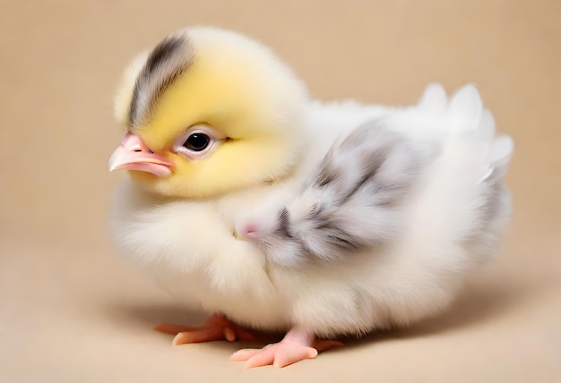 a chicken with a yellow head and a black and grey face